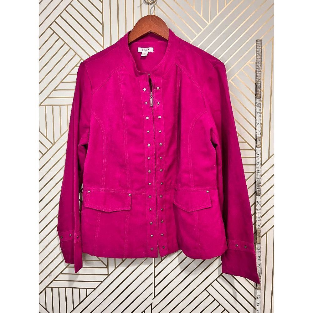 Cato Women's Faux Suede Metal Embellish Round Neck Jacket Fushia Pink Size Large
